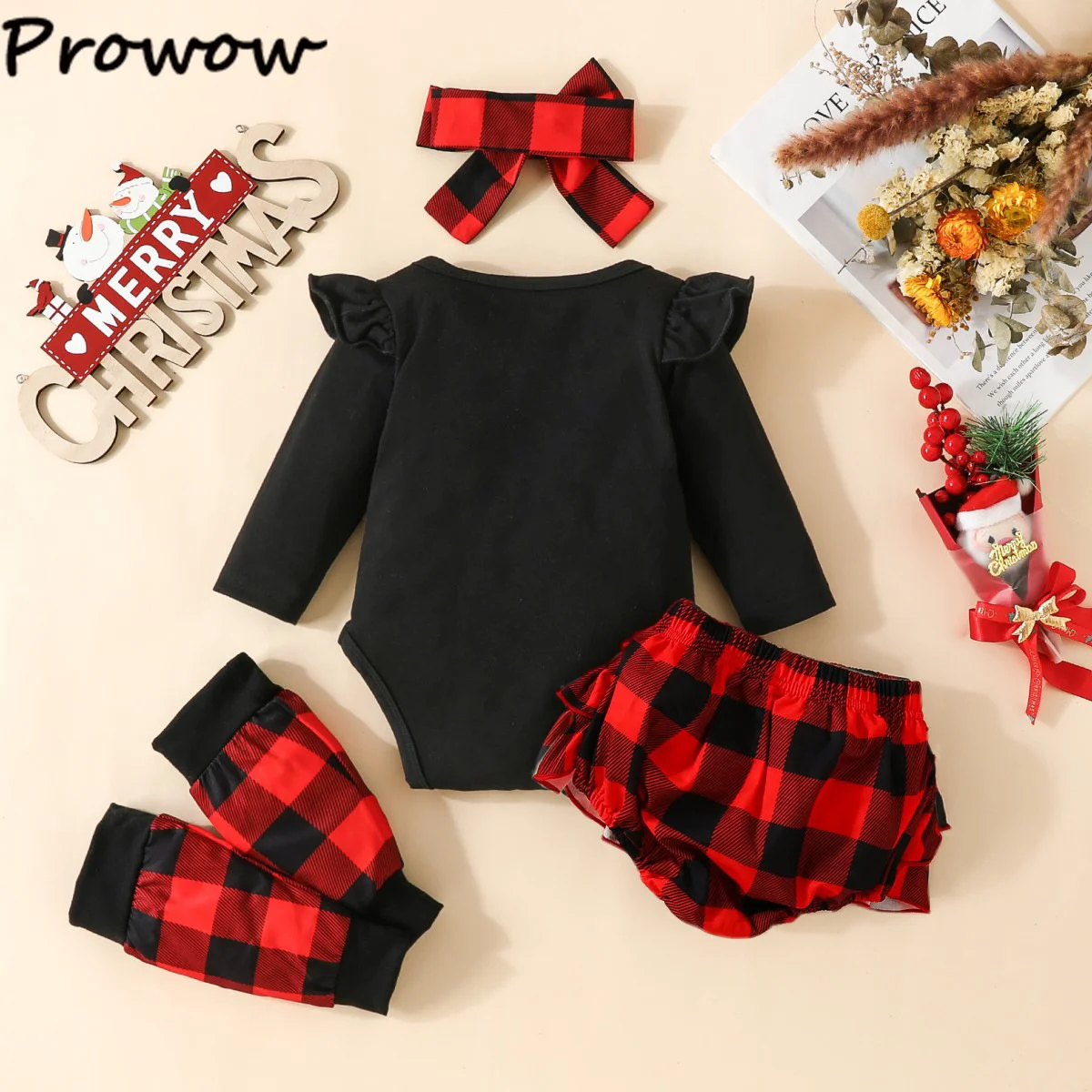 Prowow Baby Girl Christmas Outfits Cartoon Deer Bodysuit+Red Plaid Shorts+Headband+Leg Warmer 4pcs My First Christmas Baby Set