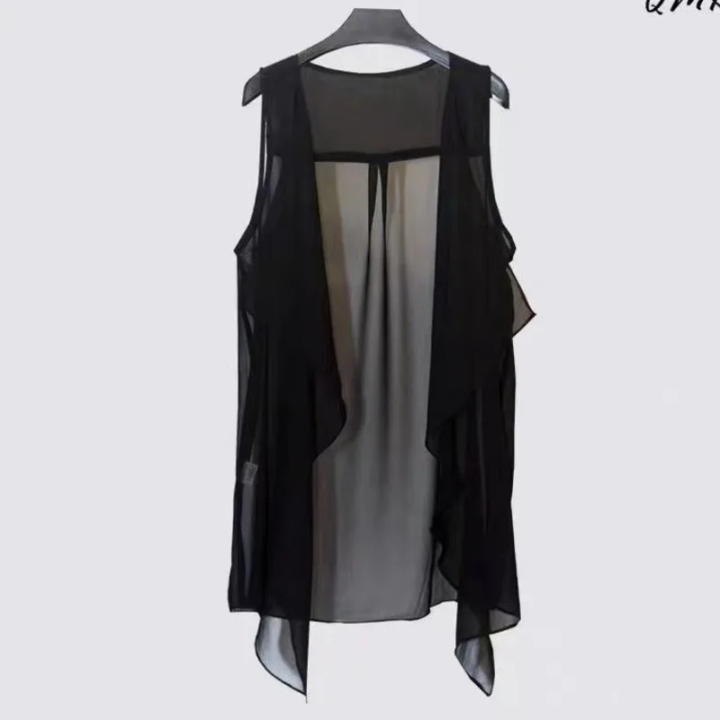 Chic Big Size Black Chiffon Vest Waistcoat Women Sleeveless Cardigan Thin Coat Design Tops Layering Outerwear Jackets New