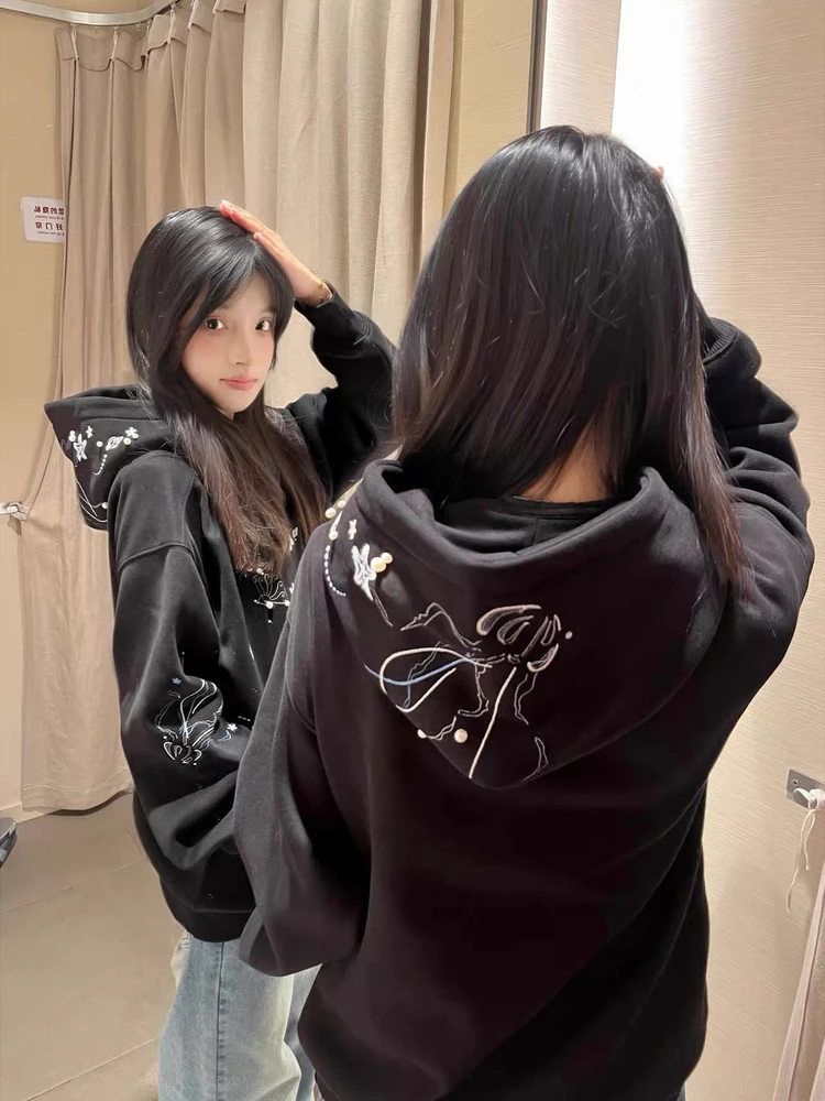 

Утепленная толстовка с вышивкой для женщин, осенне-зимняя, на флисовой подкладке, модная брендовая куртка для пар, уличный стиль