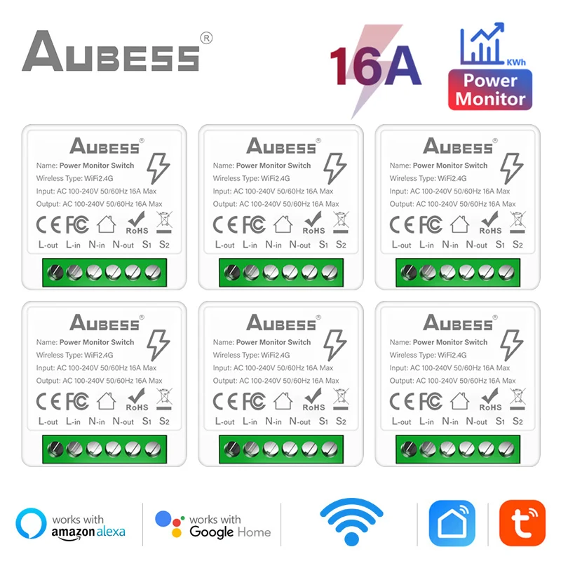 AUBESS Tuya MiNi WiFi Smart Switch Power Monitor 16A 2-weg Controle Timer Draadloze Schakelaar Module Smart Leven Alexa Google Thuis