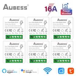 AUBESS Tuya MiNi WiFi Smart Switch Power Monitor 16A 2-way Control Timer Wireless Switch Module Smart Life Alexa Google Home