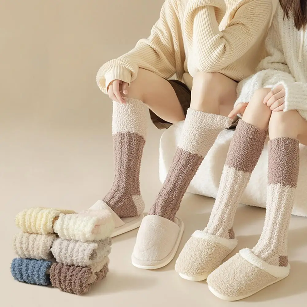 

Fuzzy Knee High Socks Women Fluffy Warm Knee Socks Color Block Thick Winter Socks Leg Warmers For Indoor Lounging And Sleep