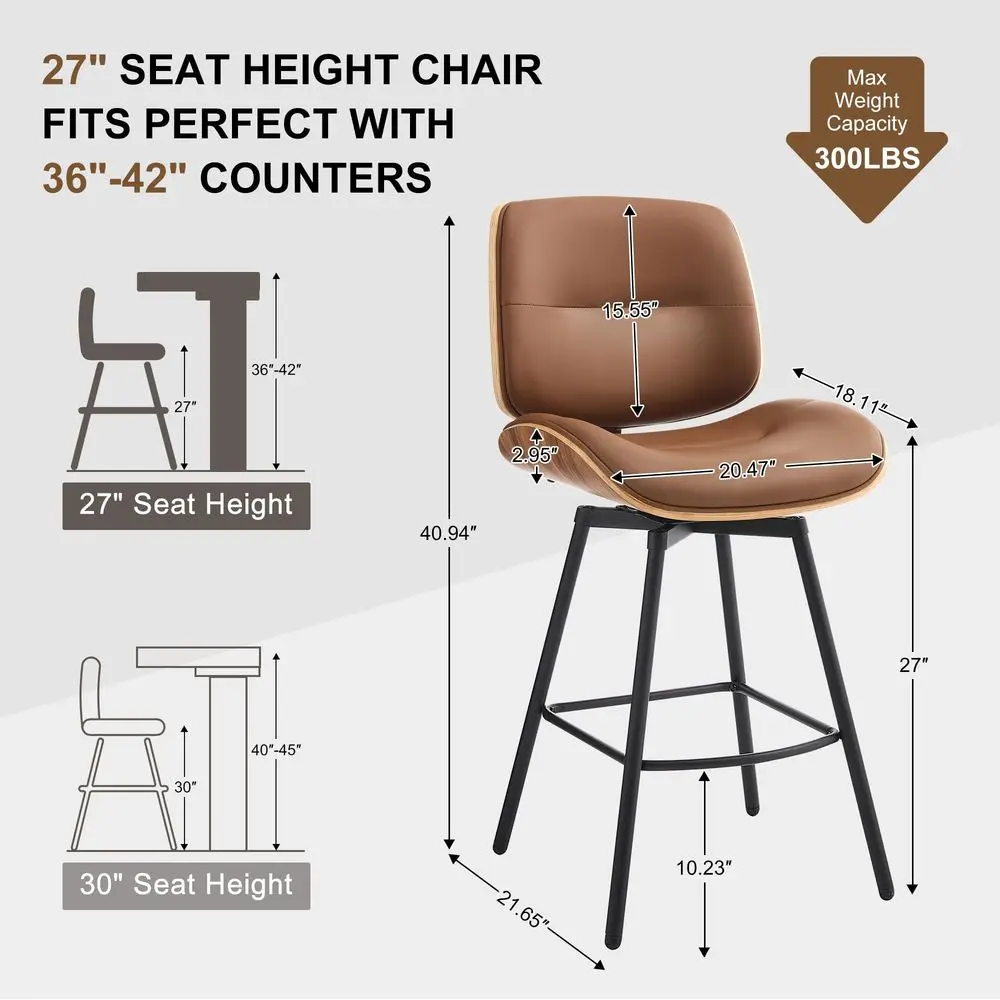 

Набор из 2 поворотных барных стульев, 27 дюймов, в стиле Mid-Century Modern, с сиденьями из искусственной кожи, спинкой из орехового дерева и металлическими ножками.