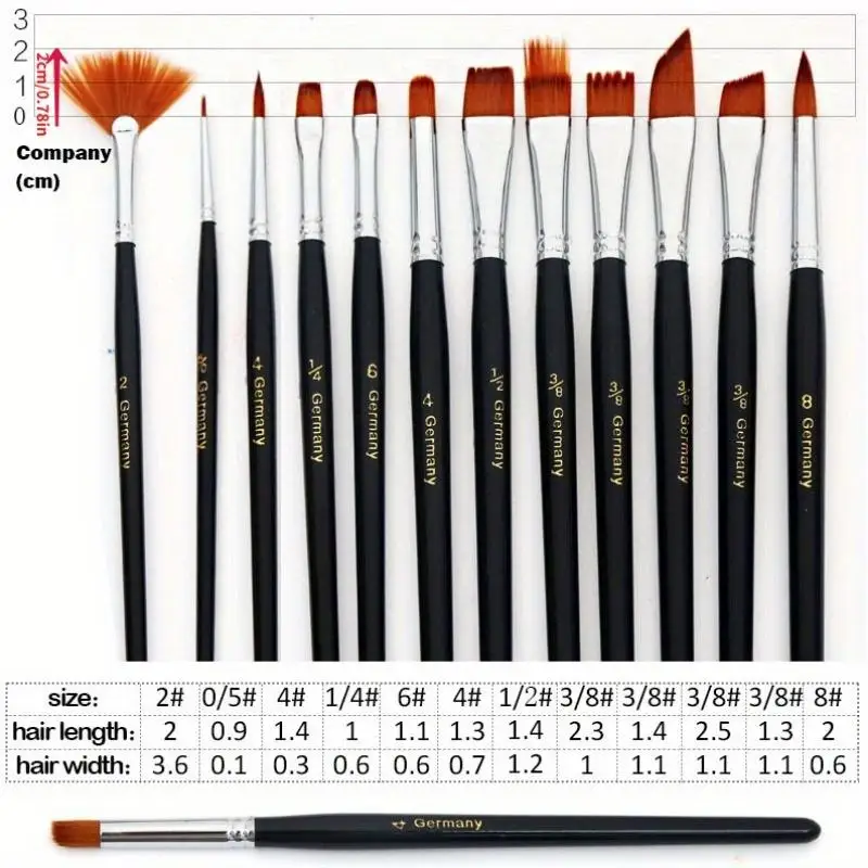 12Pcs Watercolor Paint Brushes Set Nylon Hair Short Rod Oil Acrylic Pen Art Supplies