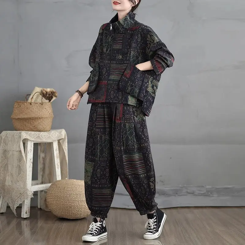 Printed Retro Fashion Sets Outfits Loose Large Size Casual Cotton And Linen Bat Sleeves Autumn Two-Piece Pants Tracksuit K2443