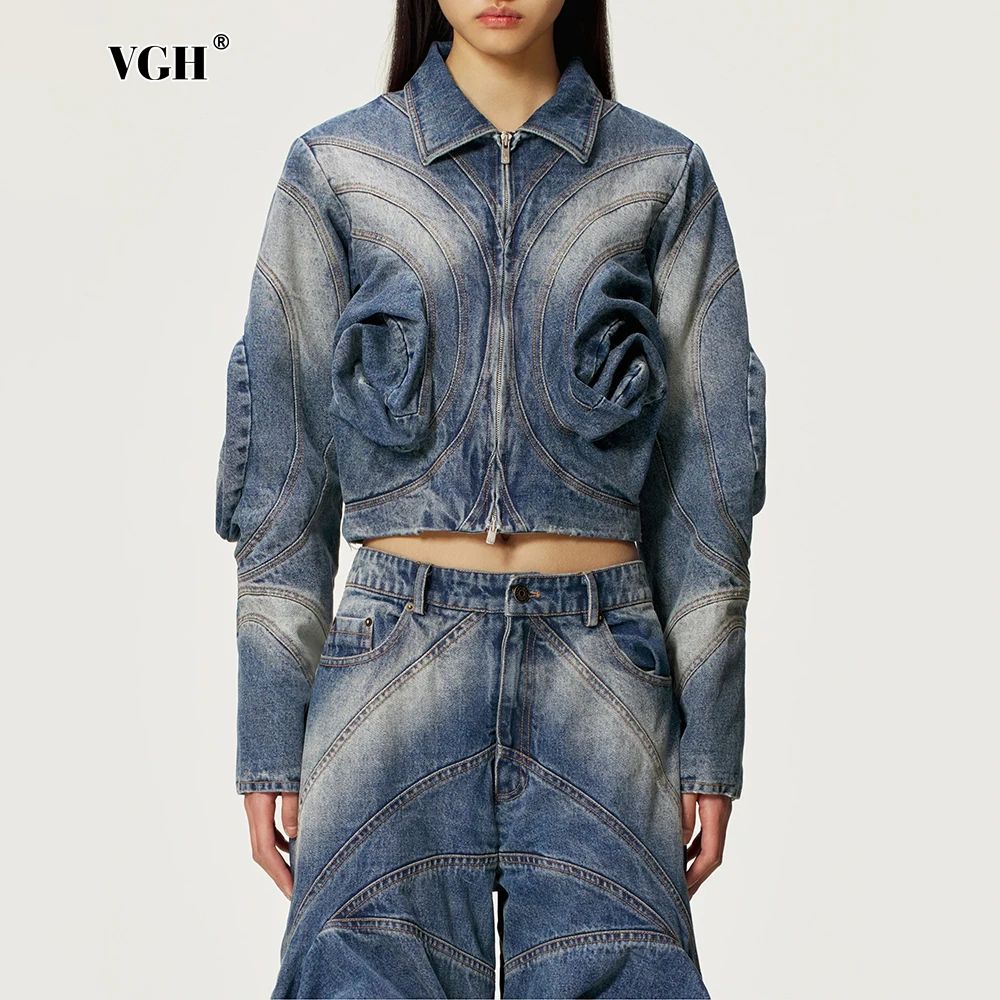 

VGH 2000-е годы, джинсовые куртки в стиле ретро со складками для женщин, короткое пальто на молнии с длинными рукавами и лацканами, женская весенняя одежда