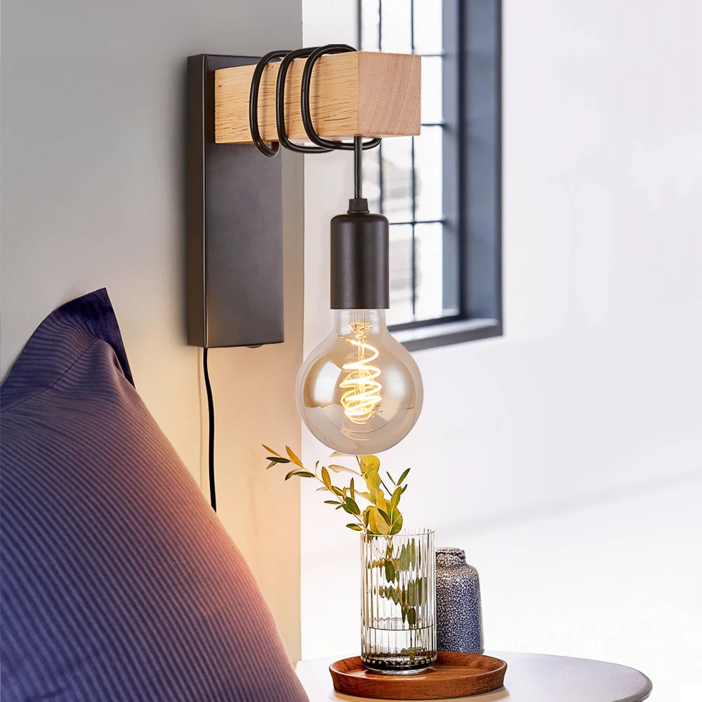 

LED Wood Wall Lamp E27 Retro Wall Light Fixture 110V/220V Iron Industrial Indoor Lamp Kitchen Bedside Living Room Bedside Lamp