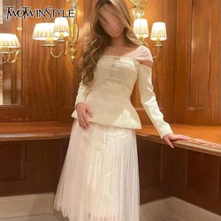 TWOTWINSTYLE Solid Two Piece Set For Women Diagonal Collar Long Sleeve Tunic Top High Waist Pleated Skirt Elegant Sets Female