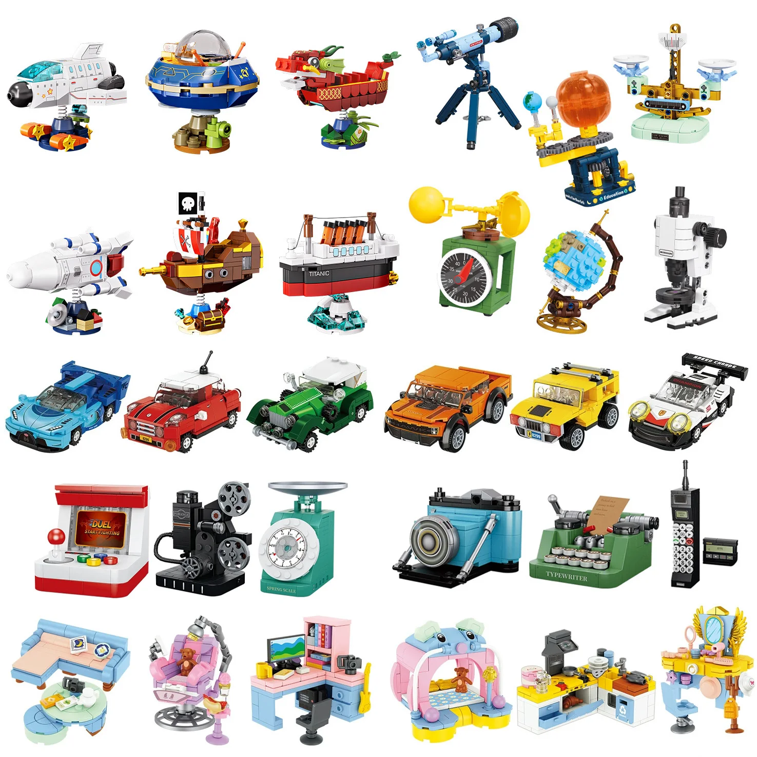 

MOC House Furniture Sewing Machine Model Building Blocks Typewriter Globe Computer Desk Tent Grill Ship Racing Car Bricks Toys