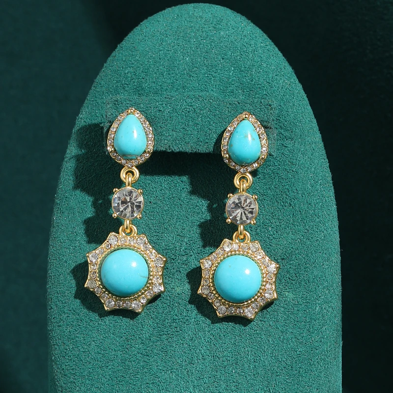 

Gold Color Sunflower Turquoise Drop Earrings Vintage Pendent Design Rhinestone High Quality Jewelry Luxury Woman Birthday Gifts