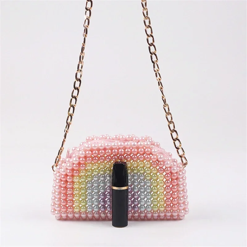 Mini Pearl Crossbody Bag Design Rainbow Color Hand-beaded Bag Contrast Bead Small Lipstick Headphones Bag Party Clutch Purses
