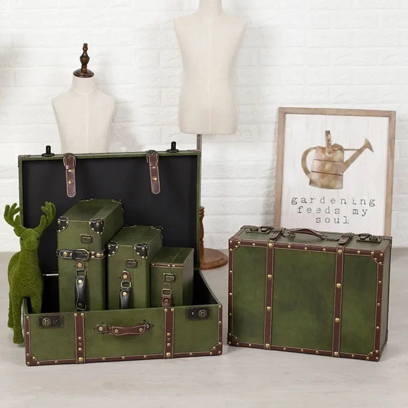 

Vintage Leather Trunk with Wooden Accents Travel Storage Suitcase, Antique Home Decor Luggage Box for Wedding Gift Luxury Case