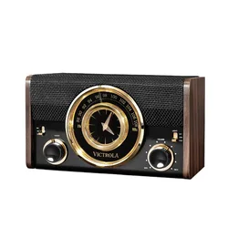 Vintage radio, Bluetooth speaker, all-in-one audio desktop clock, wood, FM broadcasting