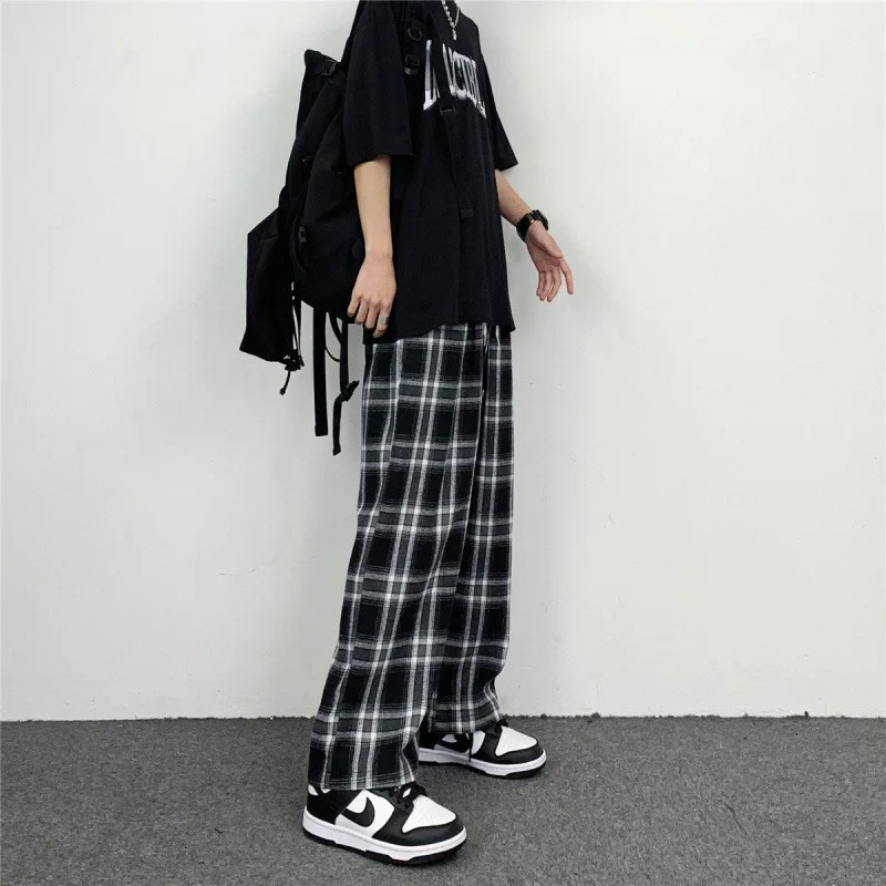 Hip Hop Man Pants Plaid Wide Leg Pants Casual Straight Trousers for Male/ Harajuku Elastic Waist Spring and Autumn Men Clothing