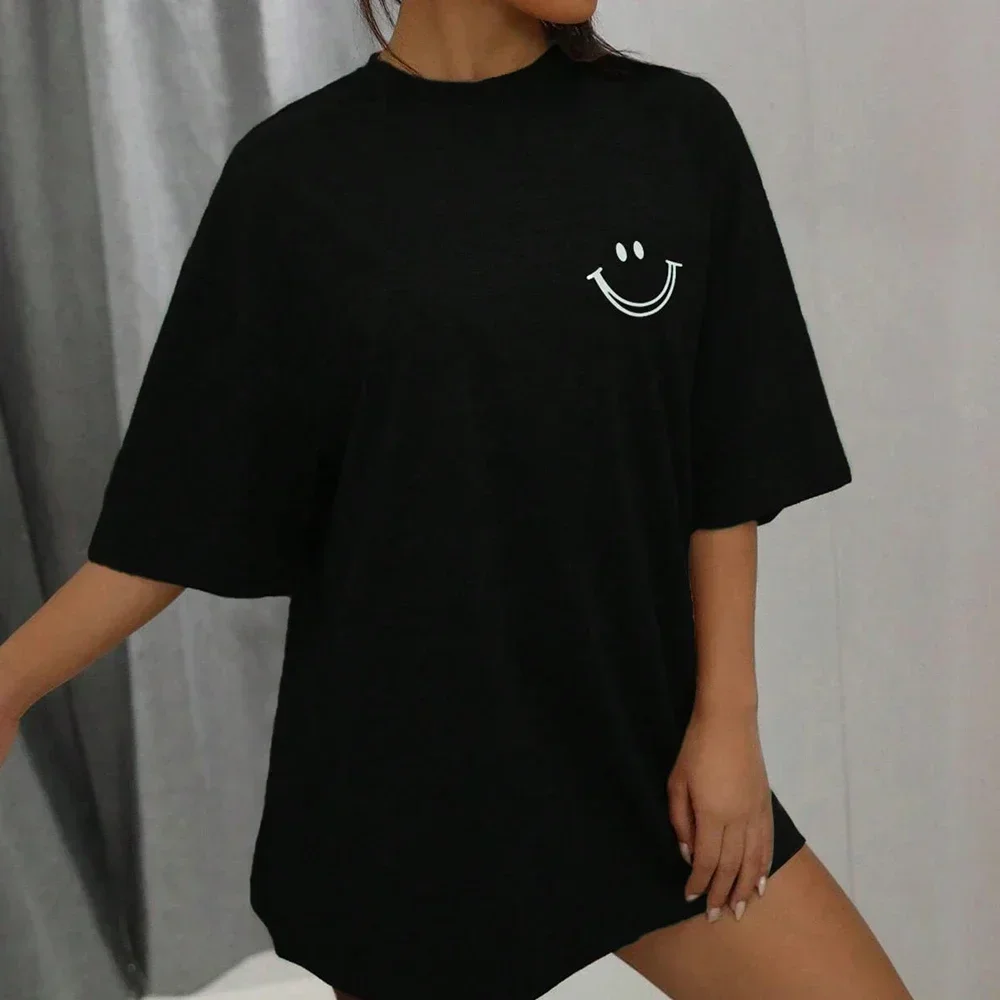 Happy Expression Printed Women Short Sleeve Street Hip Hop Tee Clothing All-math Breathable Tops Crewneck Women T-Shirts