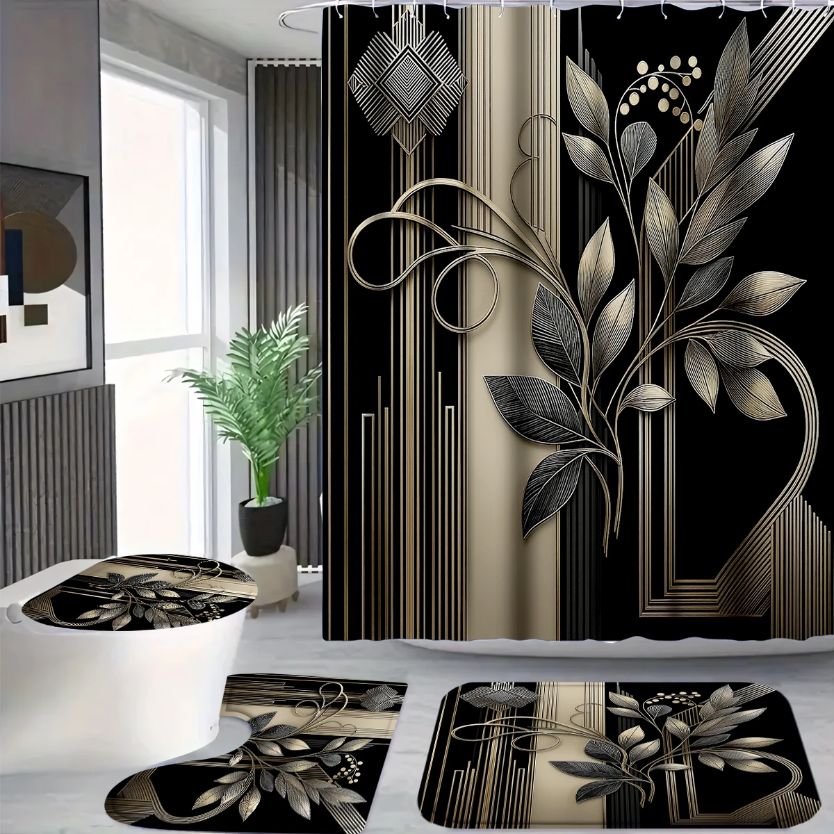 

4Pcs Art Deco Gold Leaf Shower Curtain Set with Hooks, Vintage Geometric Botanical Print Waterproof Mildew Resistant Fabric Bath Mat for Family Bathroom Home Decor