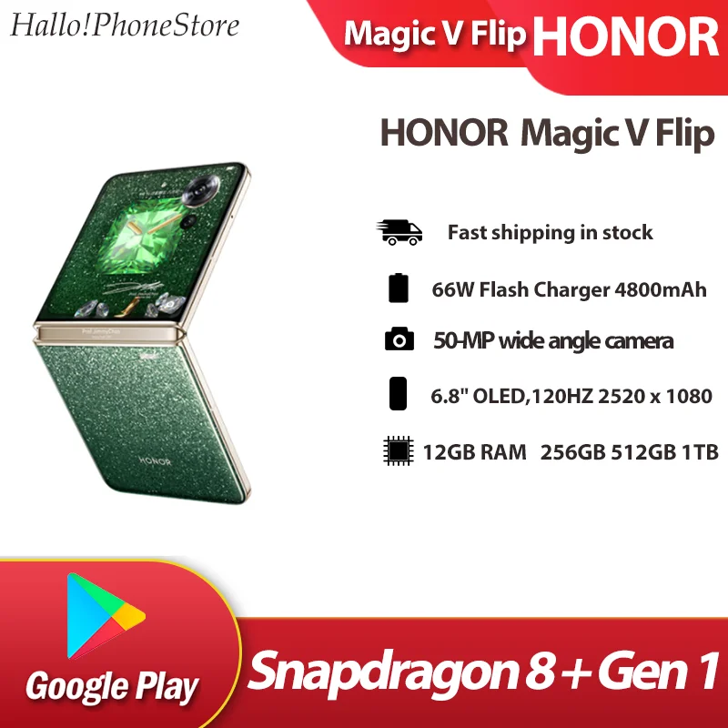 HONOR Magic V Flip Premium Edition Snapdragon 8+ Gen1 50MP 4800mAh 66W Fast 6.8 OLED 120HZ Google Play NFC BT5.3 MagicOS 8.0