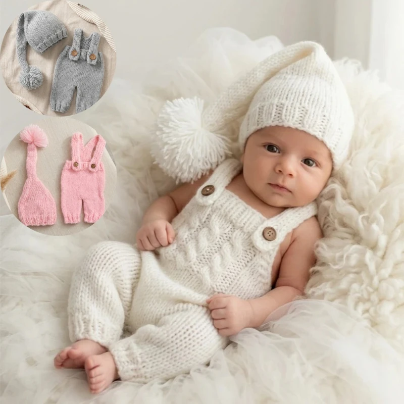 2pcs Newborn Baby Photography Props Knitted Romper Hat Set Handmade Photo Shoot Outfit Infant Studio Accessories Clothes