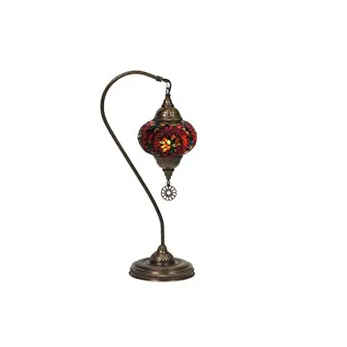 LaModaHome English Moroccan Handmade Mosaic Glass Curvy Swan Neck Table Lamp Light with Decorative Dark Polished Copper Fixture