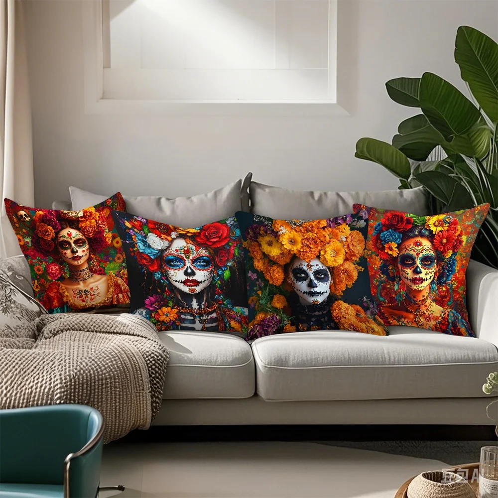 Vibrant Bohemian Sugar Skull Dia de Muertos Mexican Art Print Throw Pillowcase Cover Gothic Home Decoration