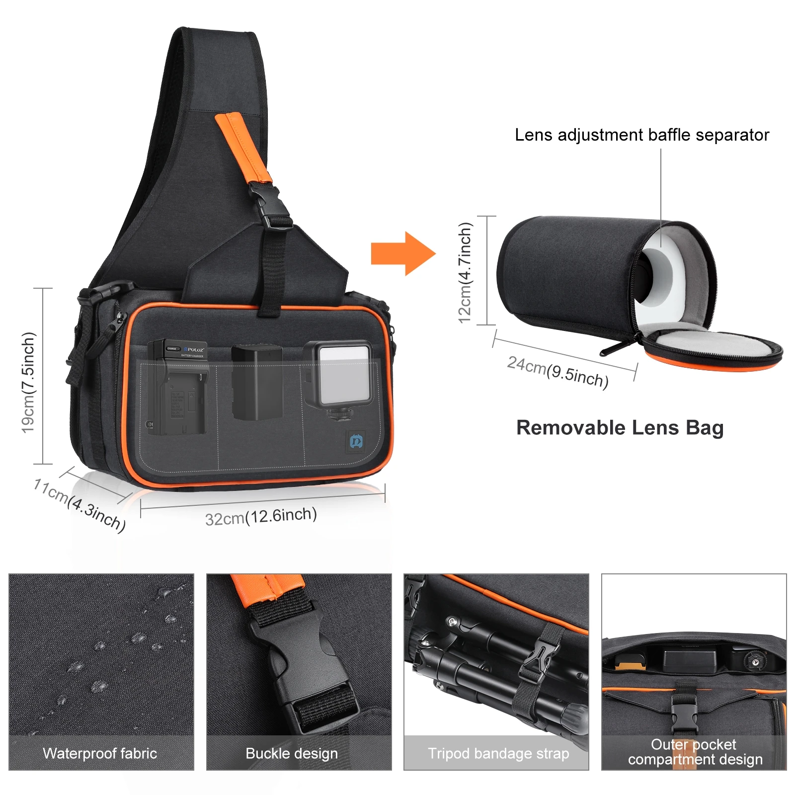 PULUZ Shoulder Photography Bag DSLR Camera & Accessories Storage Bag +Removable Lens Bag Waterproof Triangle Style Backpack