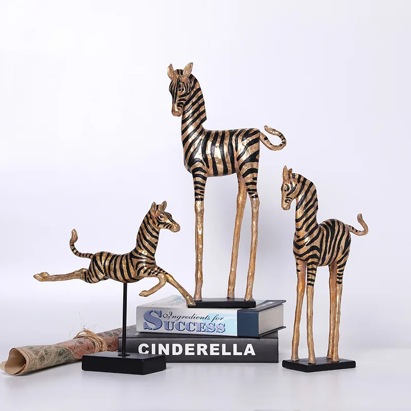 Resin Crafts Simulation Animal Sculpture Golden Zebra Horse Decorative Figurines Home Decoration Accessories Figurine