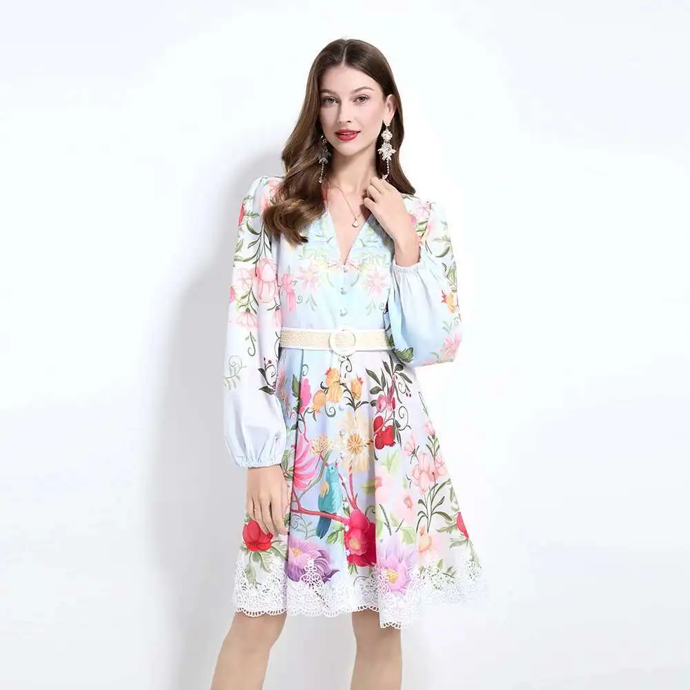 

Luxury Floral Dress Women 2025 Summer Holiday Printed Flower Short Dresses Party Single Breasted Lace Hem Evening Vestidos
