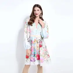 Luxury Floral Dress Women 2025 Summer Holiday Printed Flower Short Dresses Party Single Breasted Lace Hem Evening Vestidos