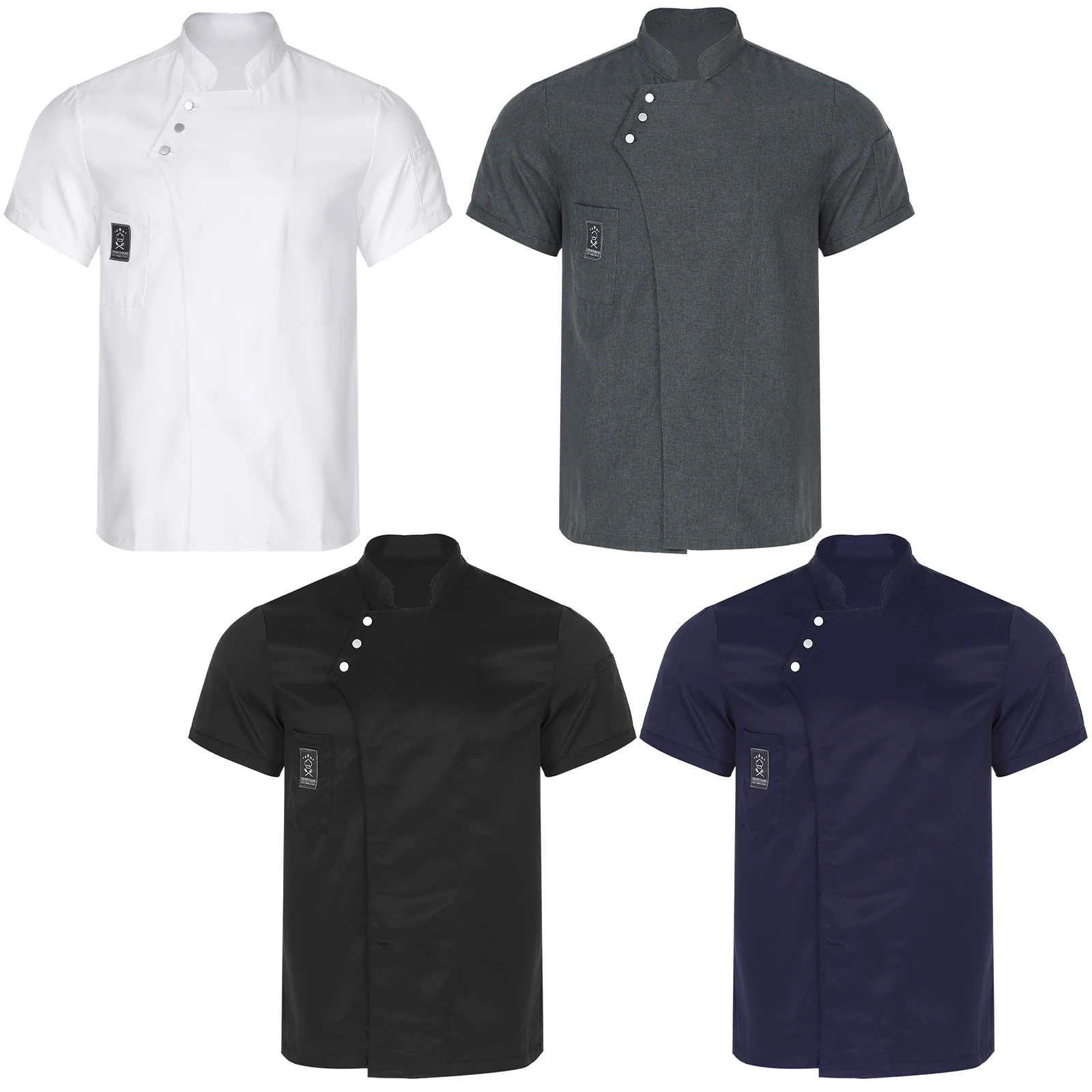 Men Women Kitchen Working Uniform Chef Shirts Tops Stand Collar Short Sleeve Cooker Jacket for Restaurant Hotel Cafe Bakery