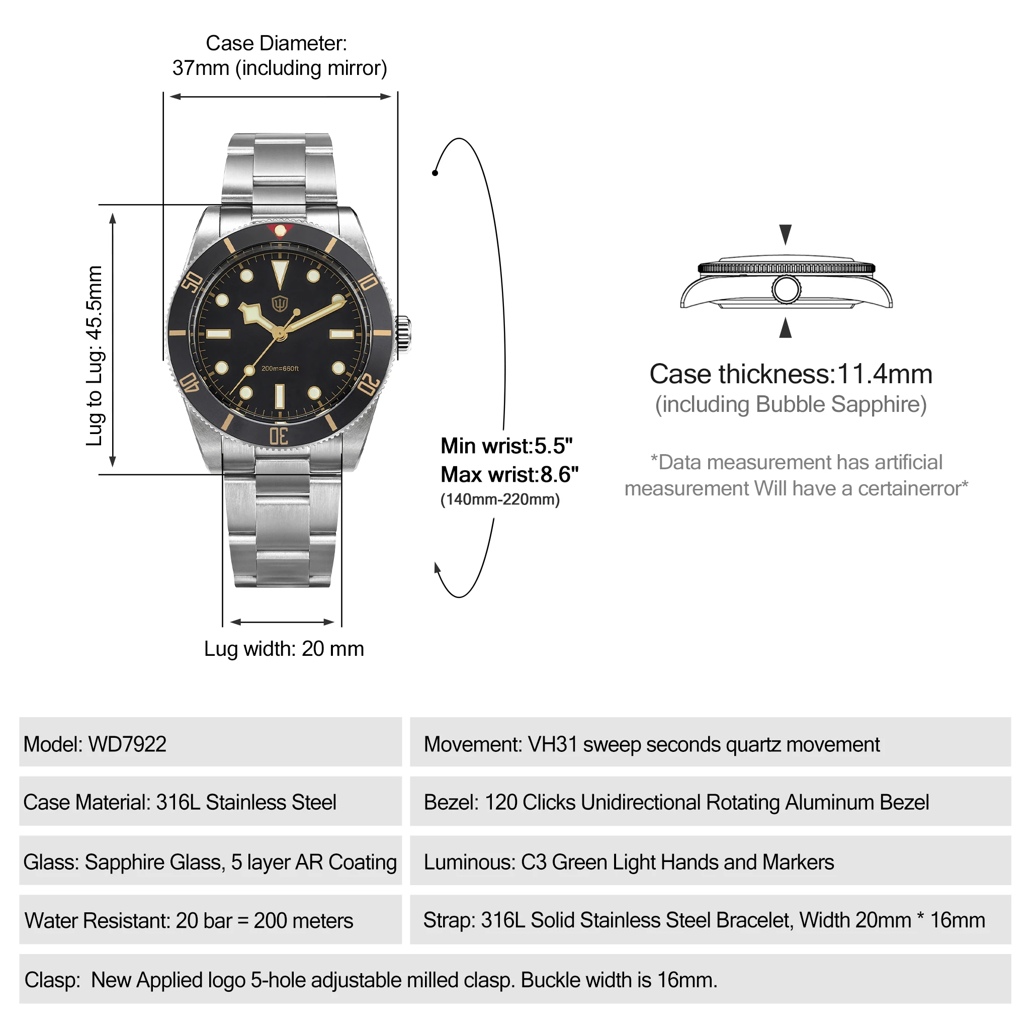 Watchdives WD7922 Vintage Quartz Watches Vh31 Sweep Movement AR Sapphire Luminous 200M Waterproof 37Mm Mens Luxury Wrist Watch