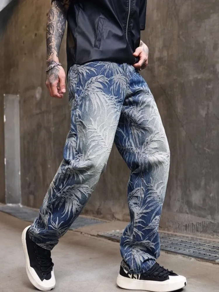 الهيب هوب خمر رجل الجينز فضفاضة تناسب مستقيم السراويل مصمم شارع العليا ربيع الخريف جديد الرجال المطبوعة عارضة الدنيم السراويل