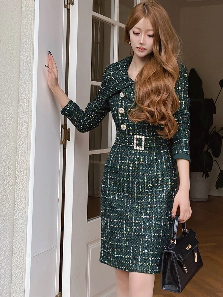 Dabuwawa Tweed Sequins Dress Luxury Women 2023 New Collection Vintage Empire Skirt Light Weight Fancy Suiting DM1DDR003