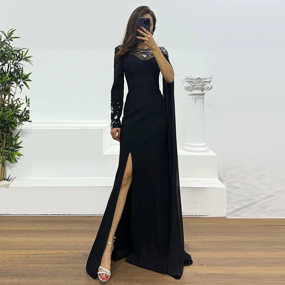 

Modern Customized Floor Length Saudi Dress Sheath Evening Gown Long Sleeves Beading O Neck Formal Wedding Party Dress