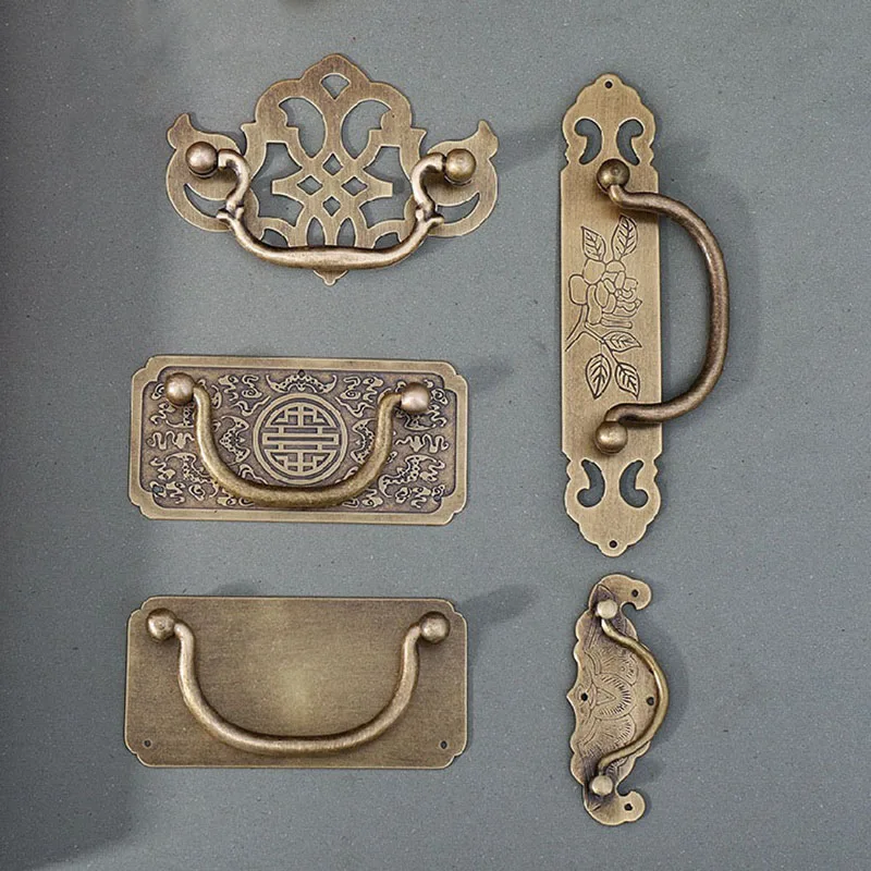 Chinese Style Brass Cabinet Closet Wardrobe Door Handle Pure Copper Kitchen Drawers Pulls Handle Antique Furniture Hardware
