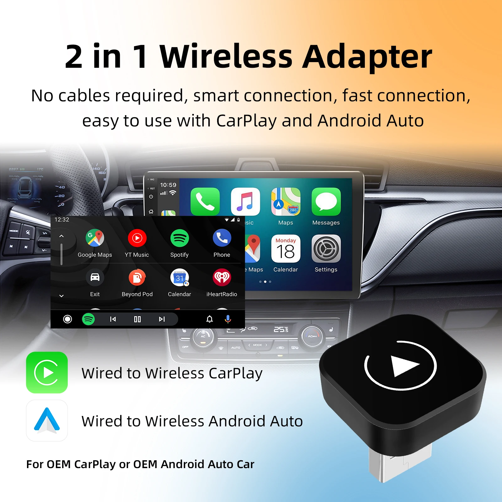 Ezonetronics Wireless CarPlay android auto adapter for factory wired car, wireless CarPlay & Android auto 2 in 1
