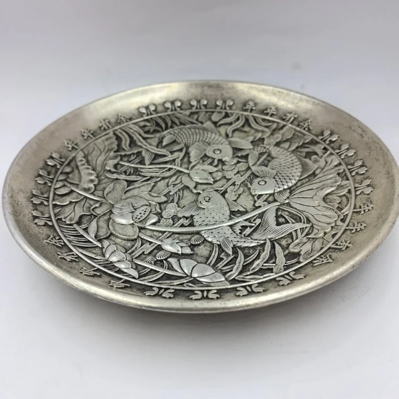 Ancient Crafts Yearly Prosperity Silver Plate with Dragon Pattern on the Bottom Nine Sons True Dragon White Copper Silver Plated