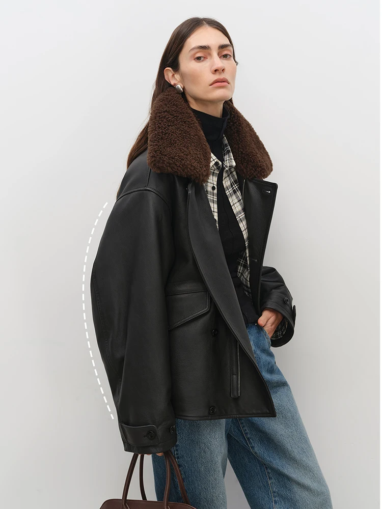 Schwarze Motorradjacken aus echtem Leder für Damen, Herbst und Winter, abnehmbarer Wollpelzkragen, Mantel aus echtem Rindsleder, Kamelsamt