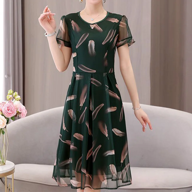 

Summer Clothes for Women Floral Printing Short Sleeve Waist Retraction Pleated A-line Loose and Breathable Mesh Mid Length Dress