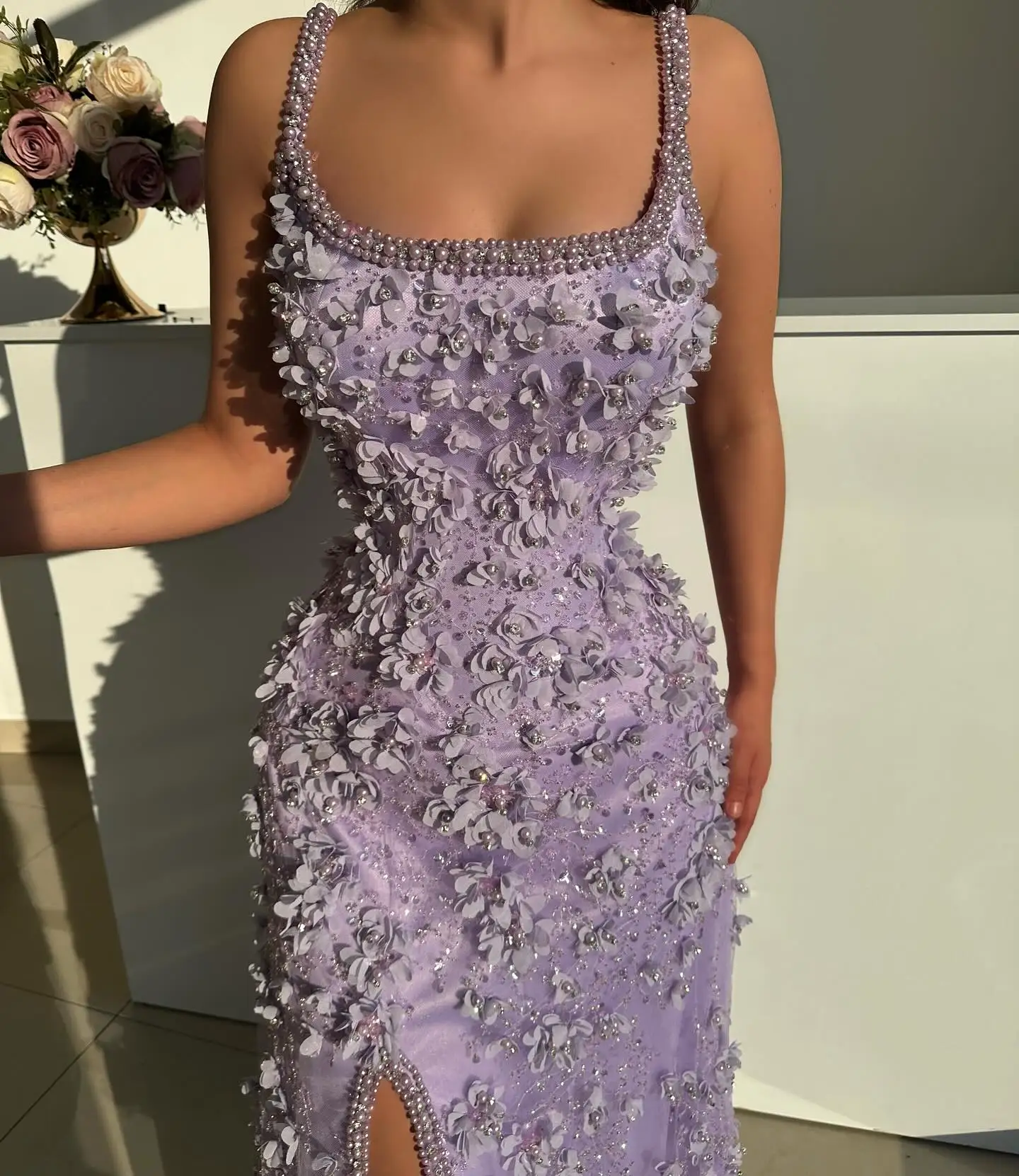 SWEMILE Lila Blumen Abendkleider Perle Perlen Straps Quadrat Kragen Blume Pailletten Hohe Schlitz Prom Kleid Angepasst Vestidos