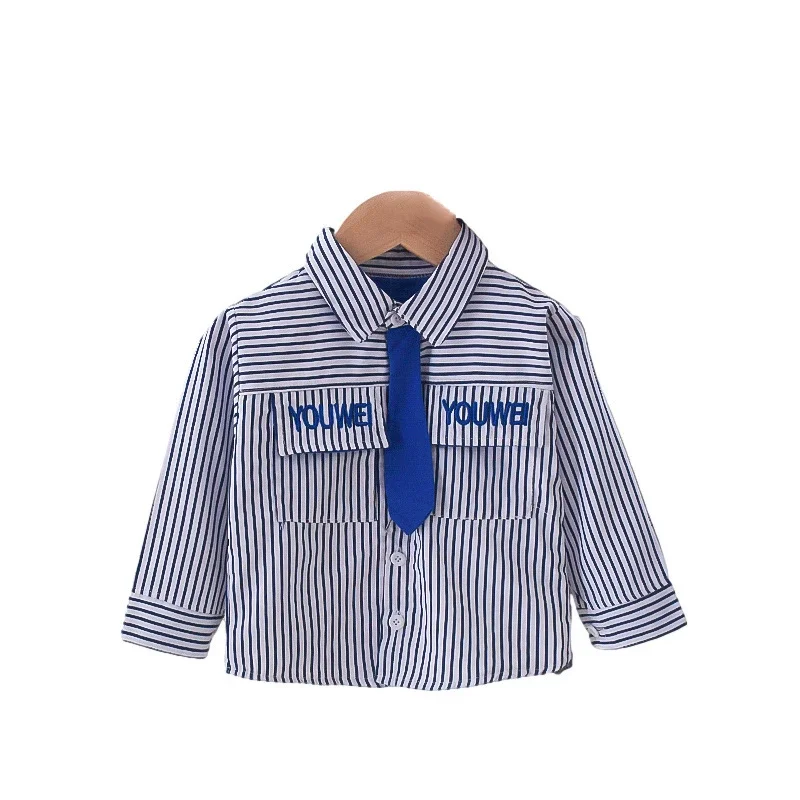 Camisa de gravata listrada de algodão infantil, roupas infantis para meninos, roupas infantis de cavalheiro, moda criança, traje casual, primavera, outono, novo