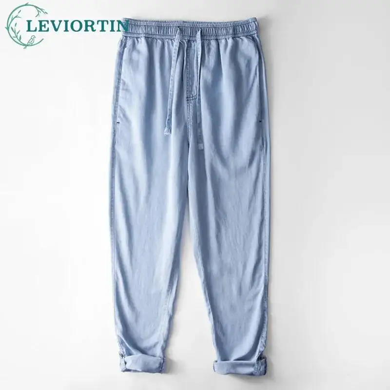 

summer men's fashion trend thin hanging straight leg pants loose cotton and linen retro youth elastic waist adjustable pant legs
