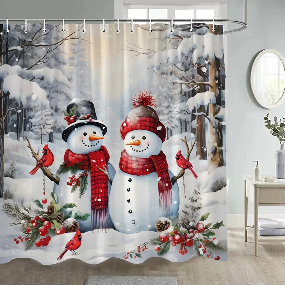 

Christmas Snowman Shower Curtain Winter Forest Red Berry Birds Snowy Scene Xmas Bath Curtains Fabric Wall Hanging Bathroom Decor