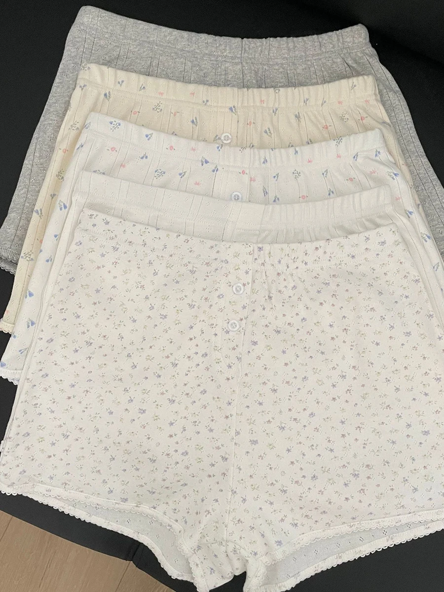 Floral Eyelet Cotton Boxer Shorts Woman Summer Two Buttons Elastic Waist Straight Short Pants Sweet Cute Home Pajama Sweatshorts
