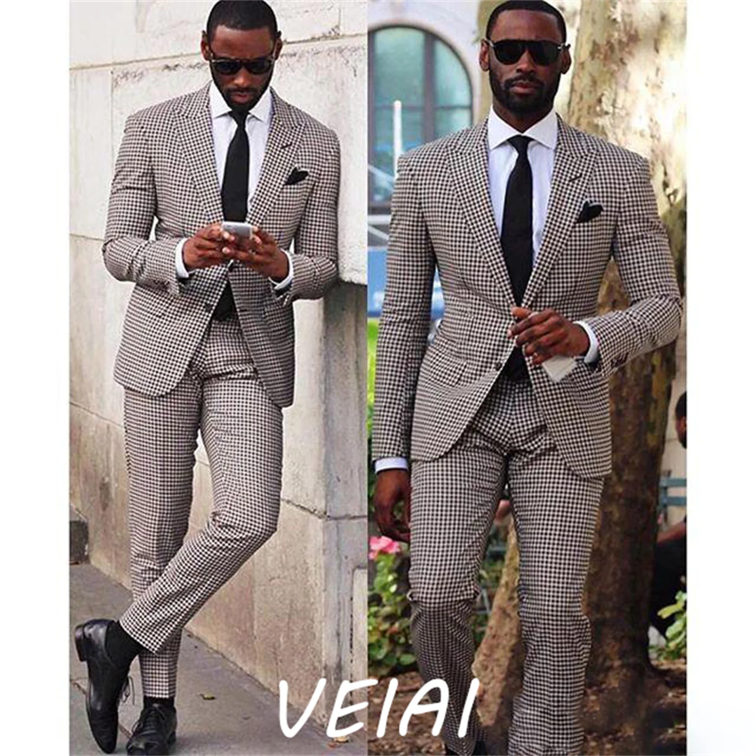 

CustomizedHoundstooth Wedding Tuxedos Slim Fit Suits For Men Groomsmen Suit Two Pieces Cheap Prom Formal Suits (Jacket+Pants+Tie