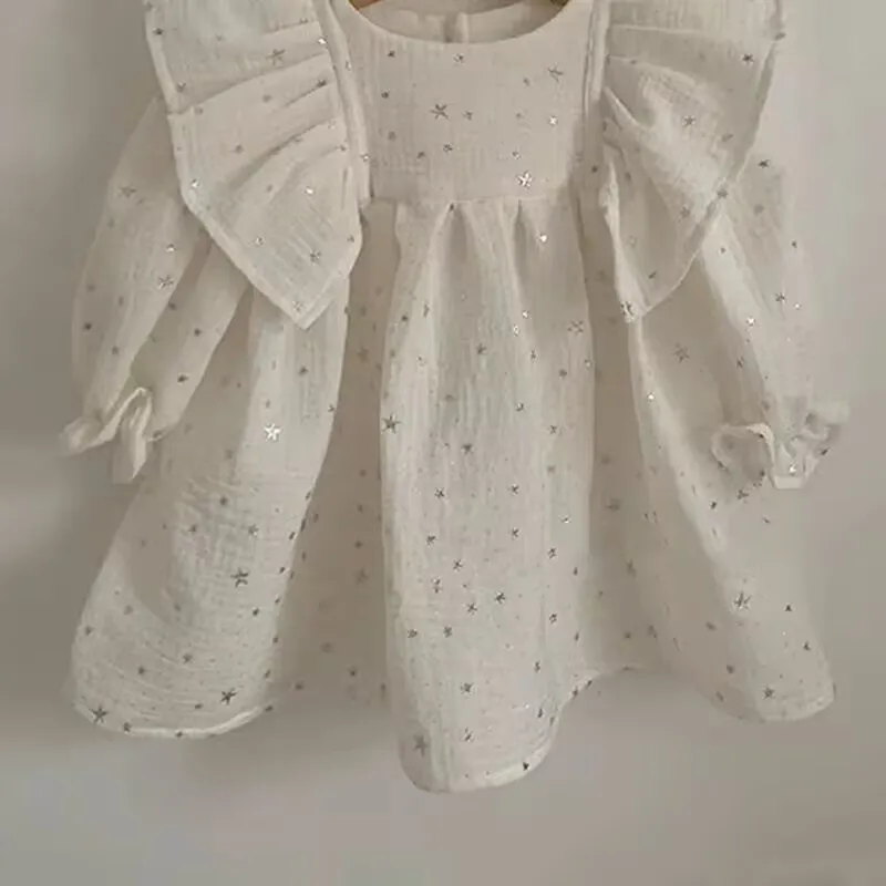 

Baby Girl Princess Bling Star Cotton Ruffle Dress Long Flared Sleeve Spring Autumn Infant Toddler Vestido Baby Clothes 1-5Y