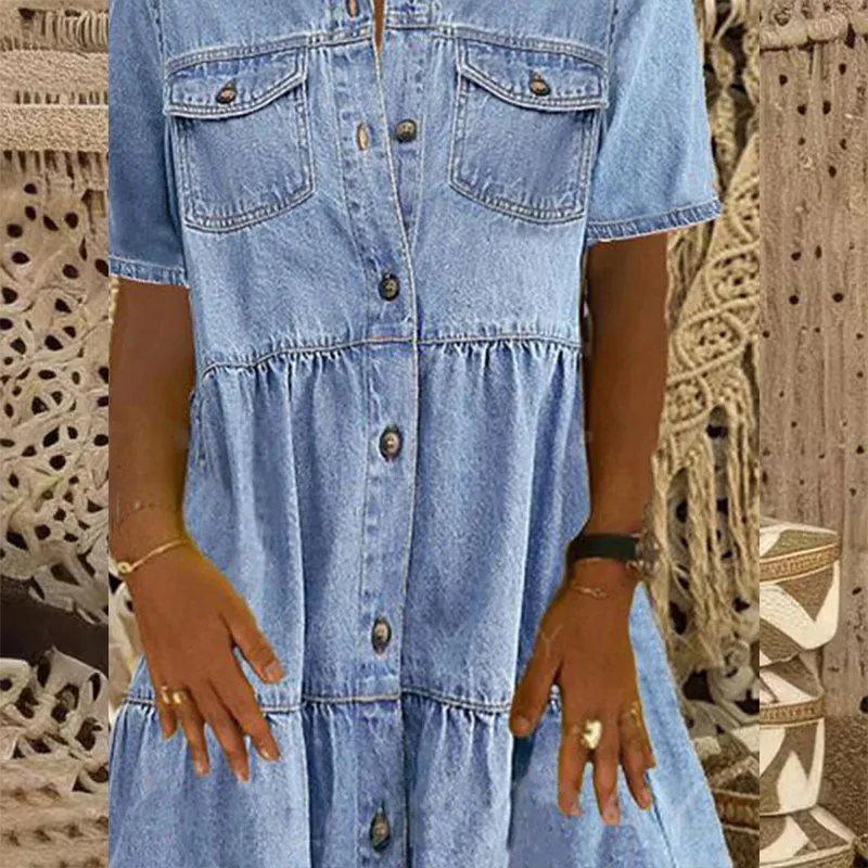 Mini camicia estiva da donna elegante Abito blu da spiaggia Vestito estivo Casual Allentato Manica corta Abiti monopetto Abiti da donna