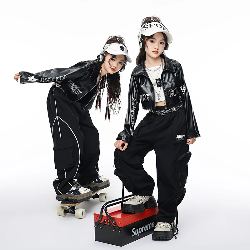 الأولاد الهيب هوب البلوز بولي Leather سترة جلدية السراويل البضائع الفتيات K-pop الشارع الرقص الملابس مجموعات أطفال الأطفال المراهقين أزياء الموضة