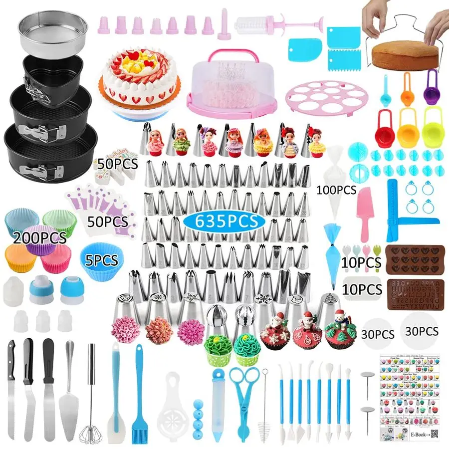 

Decorating Kit,635 Pcs Decorating Supplies With 3 Springform Pan Sets Icing Nozzles Rotating Turntable Cake Topper Piping Bags C