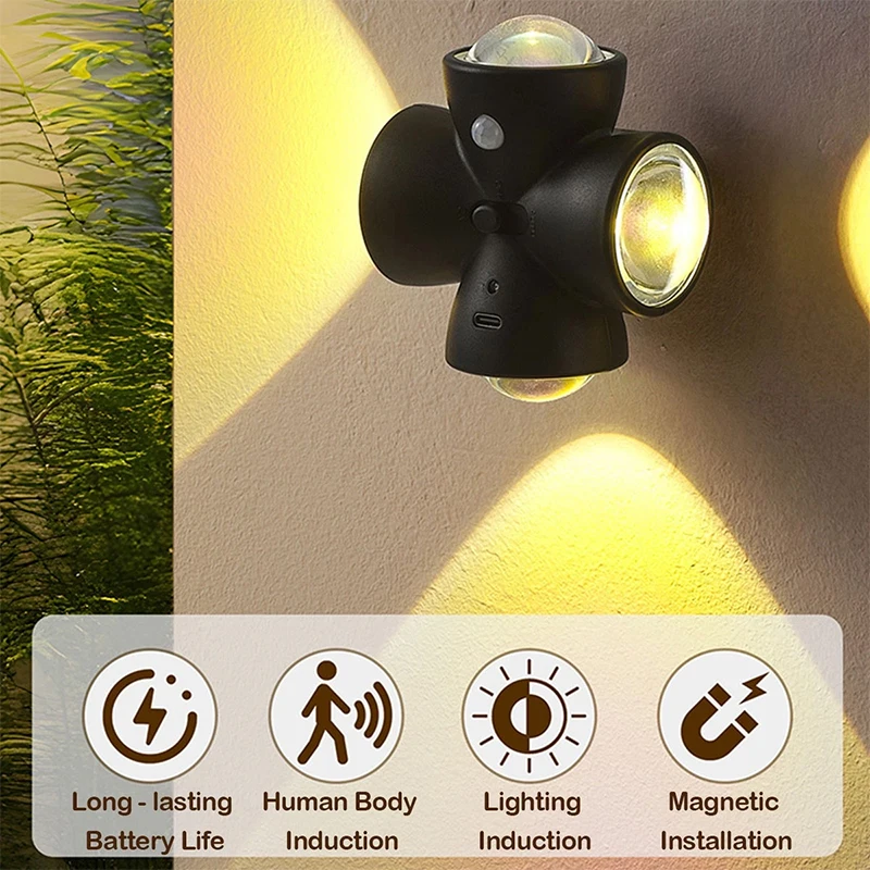 NEW 1/2Pcs 4-Head Motion Sensor LED Night Light USB Rechargeable Magnetic Wall Lamp Bedside