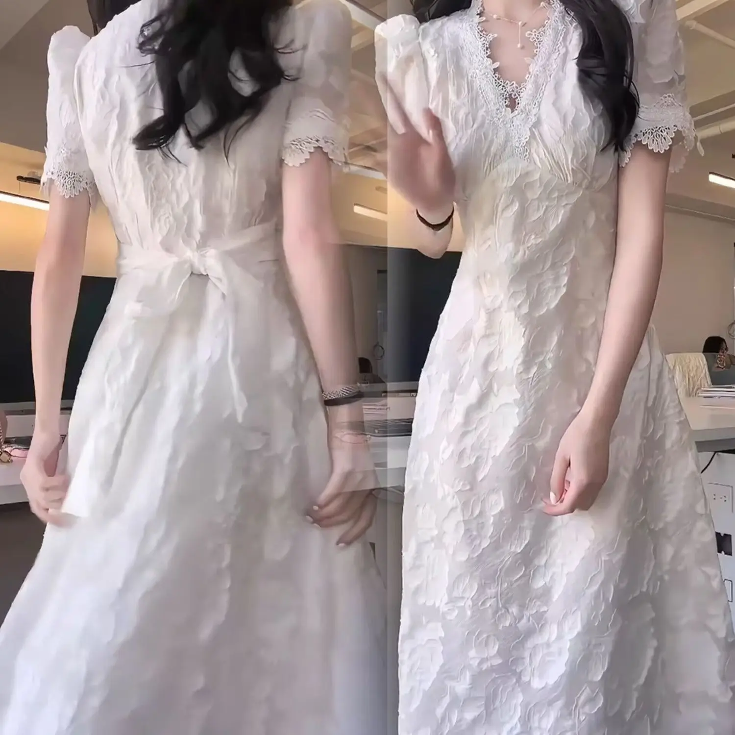 French Sweet V-Neck Summer Dress for Women Gentle First Love Tea Break Princess Dress, High Waist Long Dress for Tall Girls